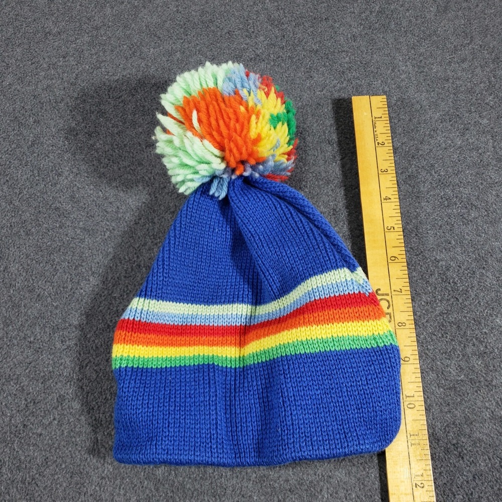 Smiley 100% Wool Beanie Toque Ski Pom Pom Hat Blue Rainbow - Picture 3 of 7